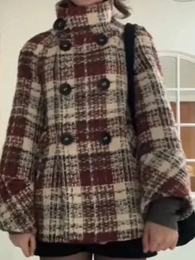 Autumn Winter Chic Coat Warm Checkered Turtleneck Shoulder Straight Coat Women Double Breasted Full Sleeve Middle Long Coat Lady