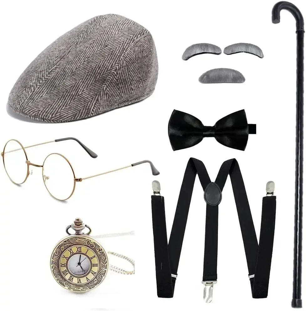 1920s Men Costume Accessories Set Gatsby Newsboy Hat Old Man Costume Accessories Set Grandpa Accessories Set diguse disfraz
