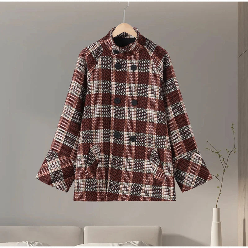Autumn Winter Chic Coat Warm Checkered Turtleneck Shoulder Straight Coat Women Double Breasted Full Sleeve Middle Long Coat Lady