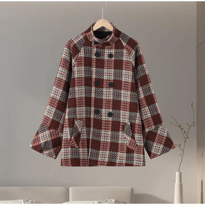 Autumn Winter Chic Coat Warm Checkered Turtleneck Shoulder Straight Coat Women Double Breasted Full Sleeve Middle Long Coat Lady