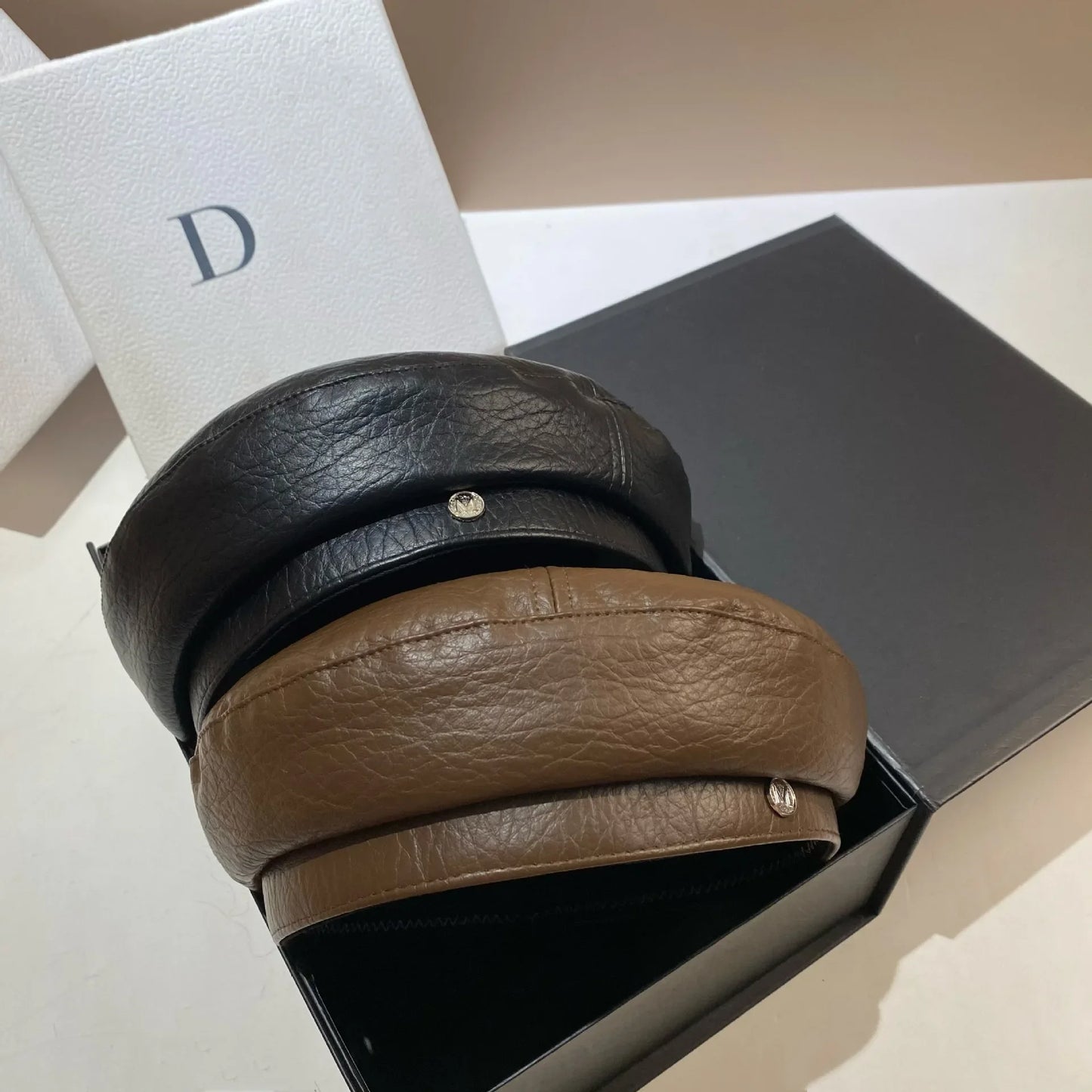 PU Leather Beret Caps Women Fashion Artist Painter Hat Letter M Female Berets Flat Top Octagonal Cap Ladies All-Match Caps