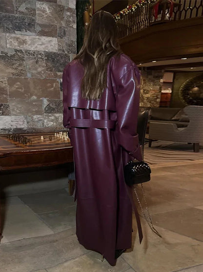 Fashion PU Leather Long Overcoats With Belt Women Luxury Lapel Button Oversize Jackets Female 2025 Autumn High Street Outerwear