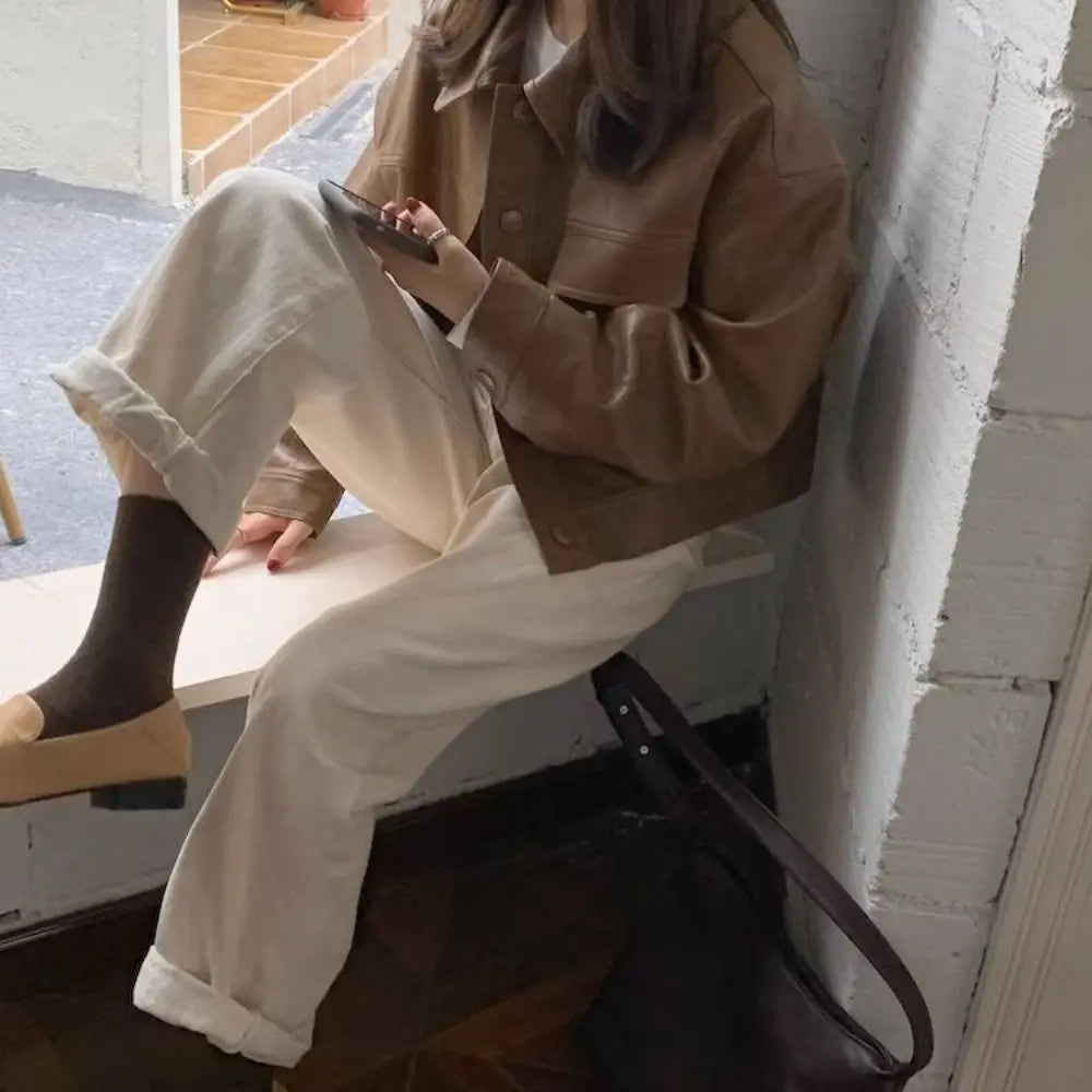 Fashion Lapel Collar Leather Jacket Women Outerwear Retro Vintage PU Coats Korean Chic Windbreaker Jackets Autumn/Winter