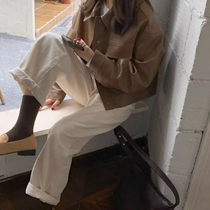 Fashion Lapel Collar Leather Jacket Women Outerwear Retro Vintage PU Coats Korean Chic Windbreaker Jackets Autumn/Winter