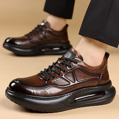Genuine Leather Shoes Men Trendy Athletic Casual Walking Business Office Air Cushion Sneaker Sports Lightweight Streetwear Brown