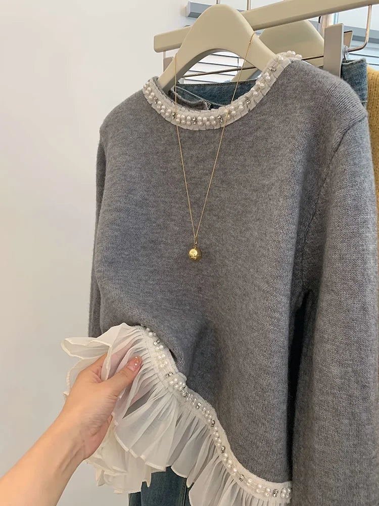 New Winter Sweet Loose Beaded Ruffled Pink Sweater for Women Fashion Versatile Casual and Elegant Knitted Sweater