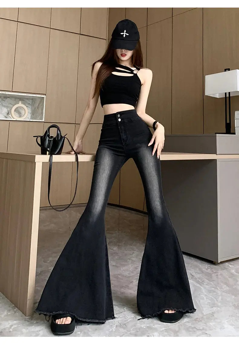 Jeans Women Autumn Chic Daily Flare Trousers Gradient Color High Street Full Length Fashion All-match Temperament Simple Shinny