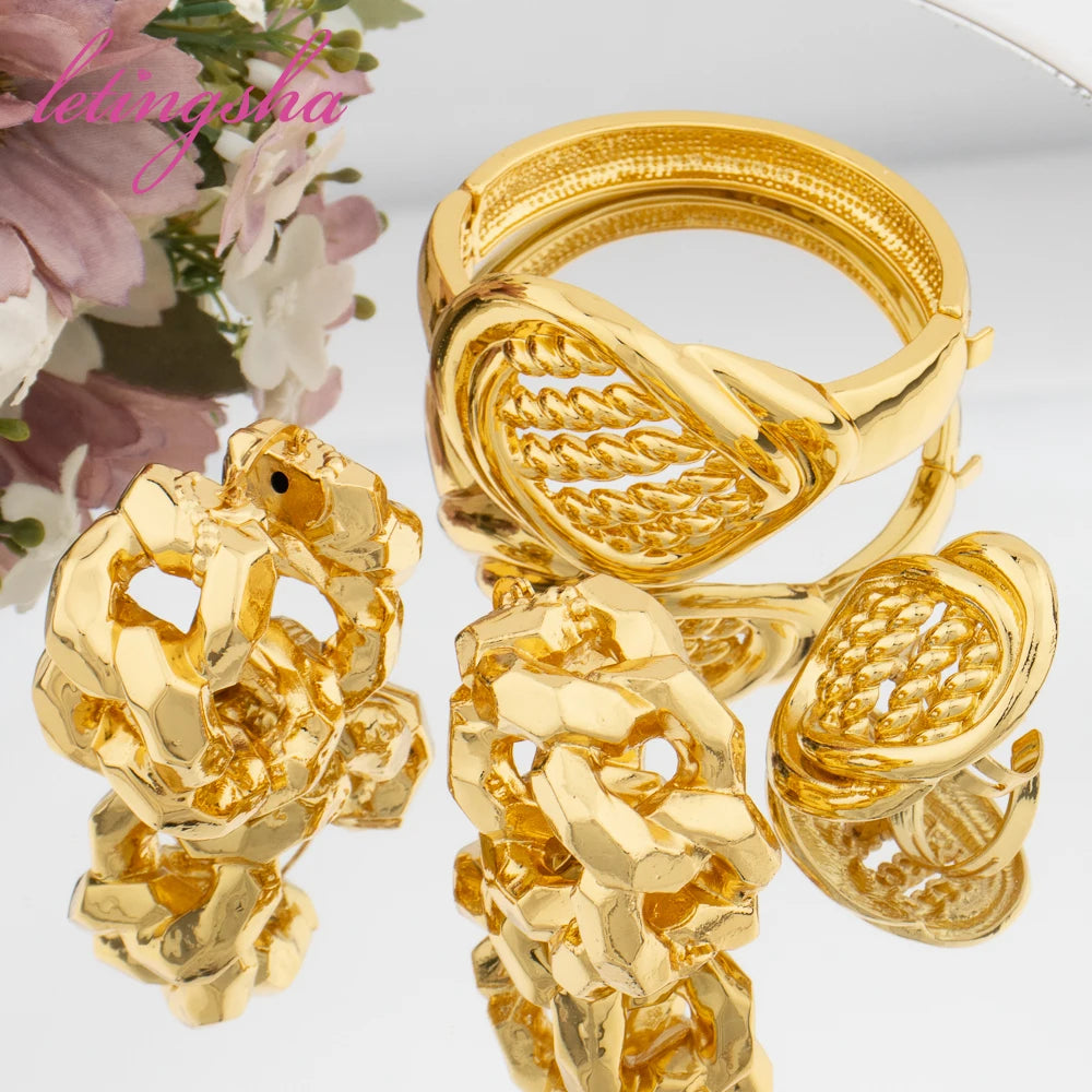 Fashion Jewelry Set for Women Large Hoop Earrings and Bangle Ring Weddings Bride Trendy Bracelet and Earrings Jewelry Set