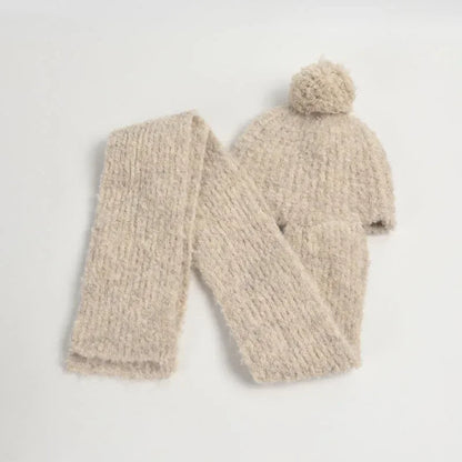 Winter Sweet Girl's Must-have - Wool Blend Beanie with Scarf and Shiny Furball
