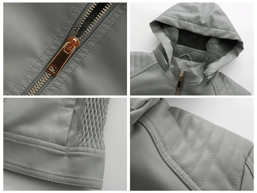 Faux Leather Women Coat Hooded Full Sleeve Slim Fit Solid Sexy Regular Jackets Zipper Casual Splice Coats Thick Warm Jacket