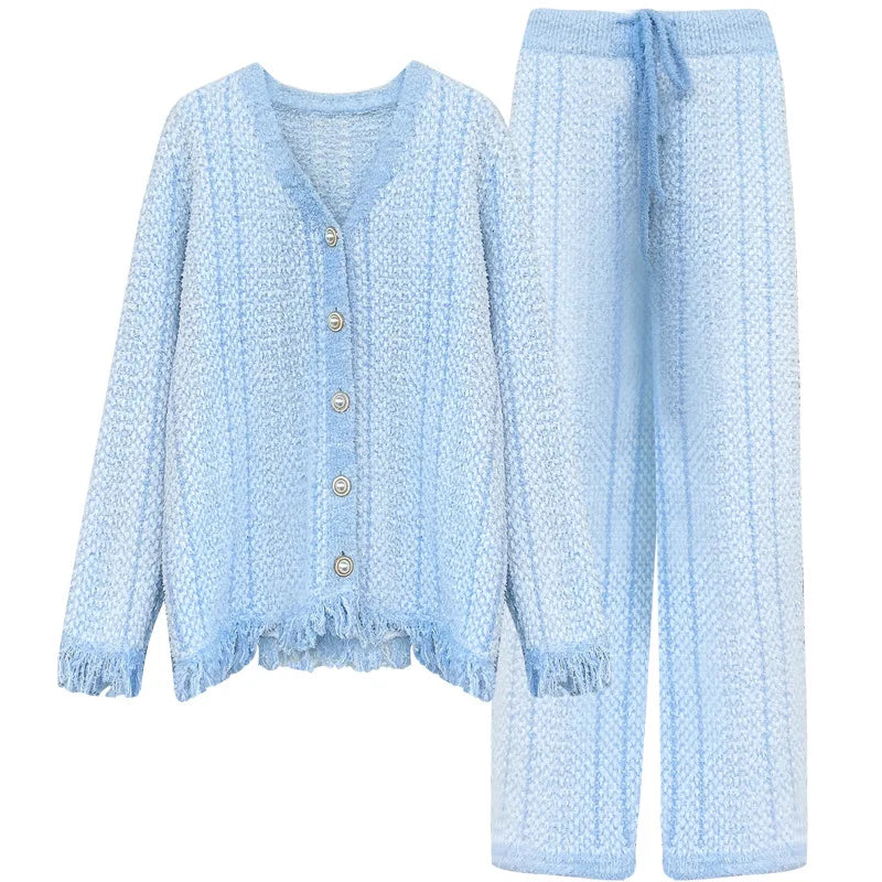Winter Ins Sweet Tassel Cardigan Set Sleepwear Women's Winter Thick Warm Knitted Home Clothes Two Piece Set Light Blue