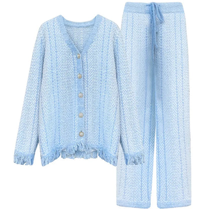 Winter Ins Sweet Tassel Cardigan Set Sleepwear Women's Winter Thick Warm Knitted Home Clothes Two Piece Set Light Blue