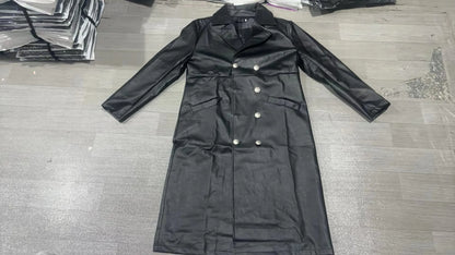 Men Faux Leather Coats Pu Long Coat Splice Double Breasted Turn Down Collar Slim Fit Thick Casual Jackets Autumn Winter