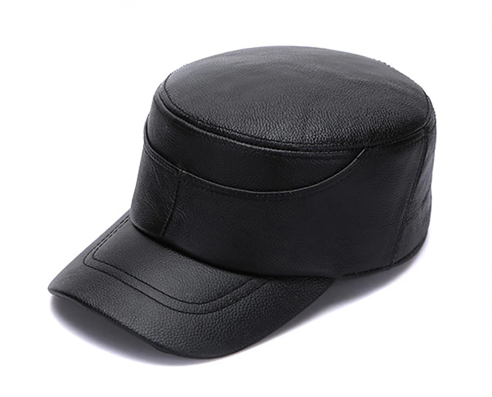 New Real Cow Leather Flat Cap Earflap Cap Men Real Leather Hats Fall Winter male 100% Genuine Real Cowhide Leather Military Caps