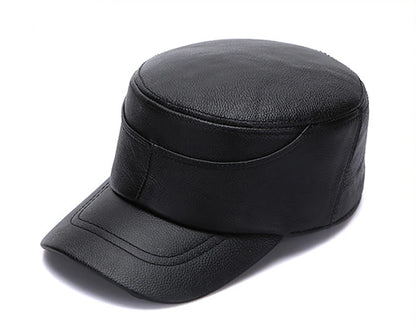 New Real Cow Leather Flat Cap Earflap Cap Men Real Leather Hats Fall Winter male 100% Genuine Real Cowhide Leather Military Caps