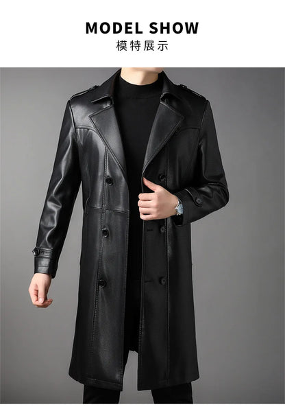 High Quality Knee-Length Men's Leather Overcoat for Autumn & Winter Double Breasted  Business Windbreaker Leather Coats PU-026