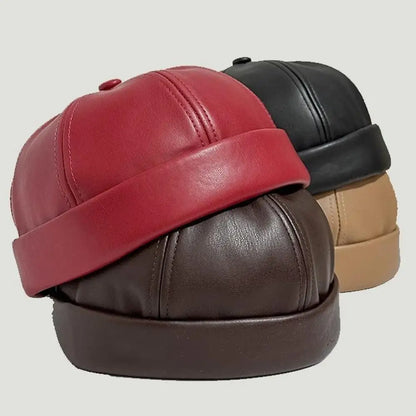 Vintage Brimless Hat Round Hat Pu Leather Landlord Cap Adjustable Melon Skin Hat Retro Docker Caps Hip Hop Hats Painter Cap
