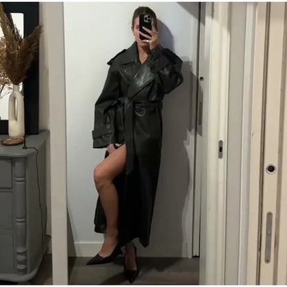 Elegant Women's Double Breasted Long Leather Coat With Belt Lapel Full Sleeve Pockets Jacket 2025 Autumn Winter Lady Outwear New