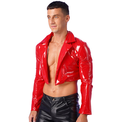 Mens  Lapel Patent Leather Jacket Patent Leather Motorcycle Coats Jackets Wet Look Long Sleeve Cropped Coat Rave Party Clubwear