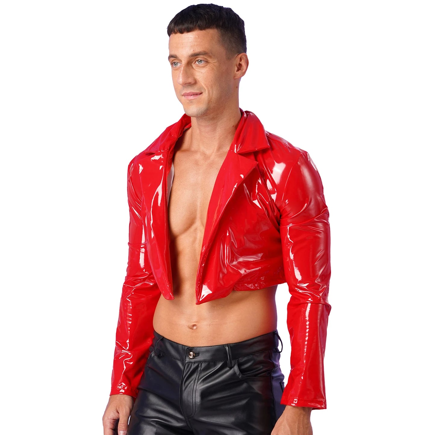 Mens Wet Look Long Sleeve Latex Cropped Coat Pole Dance Rave Cosplay Party Clubwear Lapel Patent Leather Jacket Motorcycle Coats