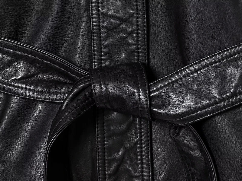 Women's Faux Leather Jacket Coats Fashion With Belt Turn-down Collar Long Sleeve Coats Autumn Winter Female Outerwear Chic Tops