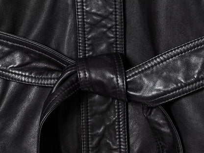 Women's Faux Leather Jacket Coats Fashion With Belt Turn-down Collar Long Sleeve Coats Autumn Winter Female Outerwear Chic Tops