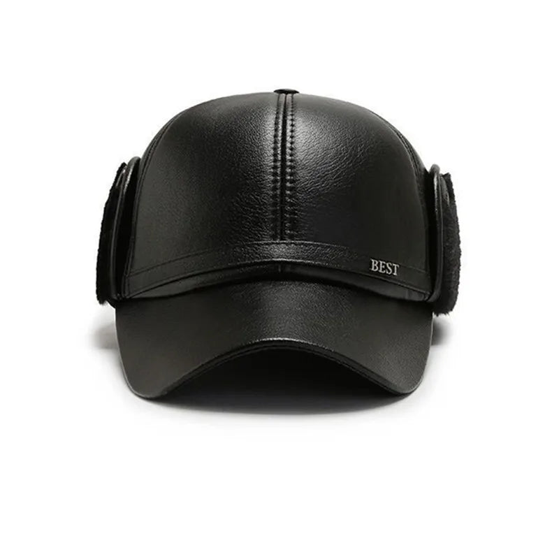 Men's Casual Cuffed Soft Leather Baseball Cap for Middle-Aged and Elderly, Warm for Winter