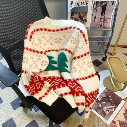 Sweet Christmas Tree Red Sweater Women Long Sleeve O Neck Cute Knit Pullover Harajuku Y2K Preppy Style Casual Lazy Jumper