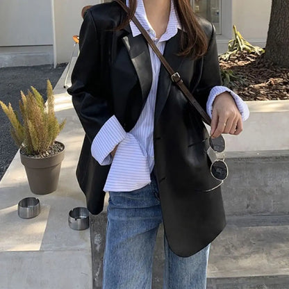 Fashion Lapel Collar Leather Jacket Women Outerwear Korean Chic Vintage PU Coats Loose Retro Suit Leather Jacket Autumn/Winter