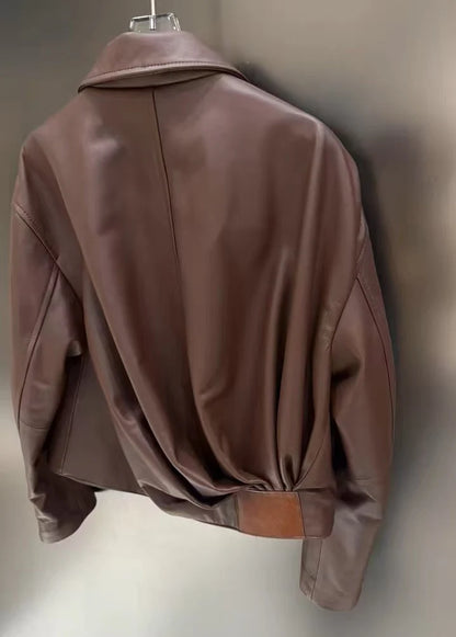 Natural Leather jacket For Women Lambskin Bomber Biker Jacket Long Sleeves 100% Sheepskin Leather Coat  Folded Short Tops Woman