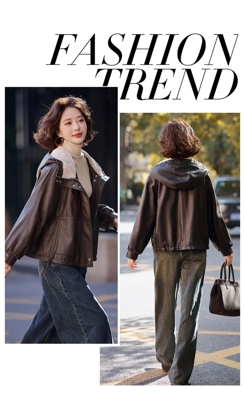 2025 Winter Leather Jacket Women Add-velvet Thicken Warm Coats Loose Hooded Short Jackets Streetwear Windproof Leather Outerwear