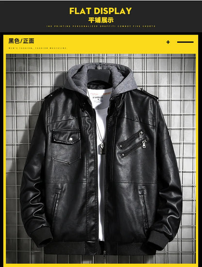 Hooded Leather Jacket Men's Jacket Winter PU Leather Coat Teenage Jackets Men's Motorcycle Leather Coat Harajuku