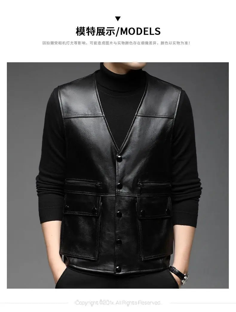 Genuine Leather Motorcycle Vest Mens sheepskin Leather Waistcoat biker sleeveless jacket clothing chaleco bullet proof club vest