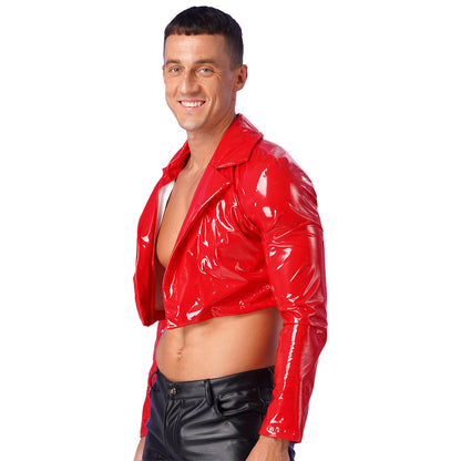 Mens Wet Look Long Sleeve Latex Cropped Coat Pole Dance Rave Cosplay Party Clubwear Lapel Patent Leather Jacket Motorcycle Coats