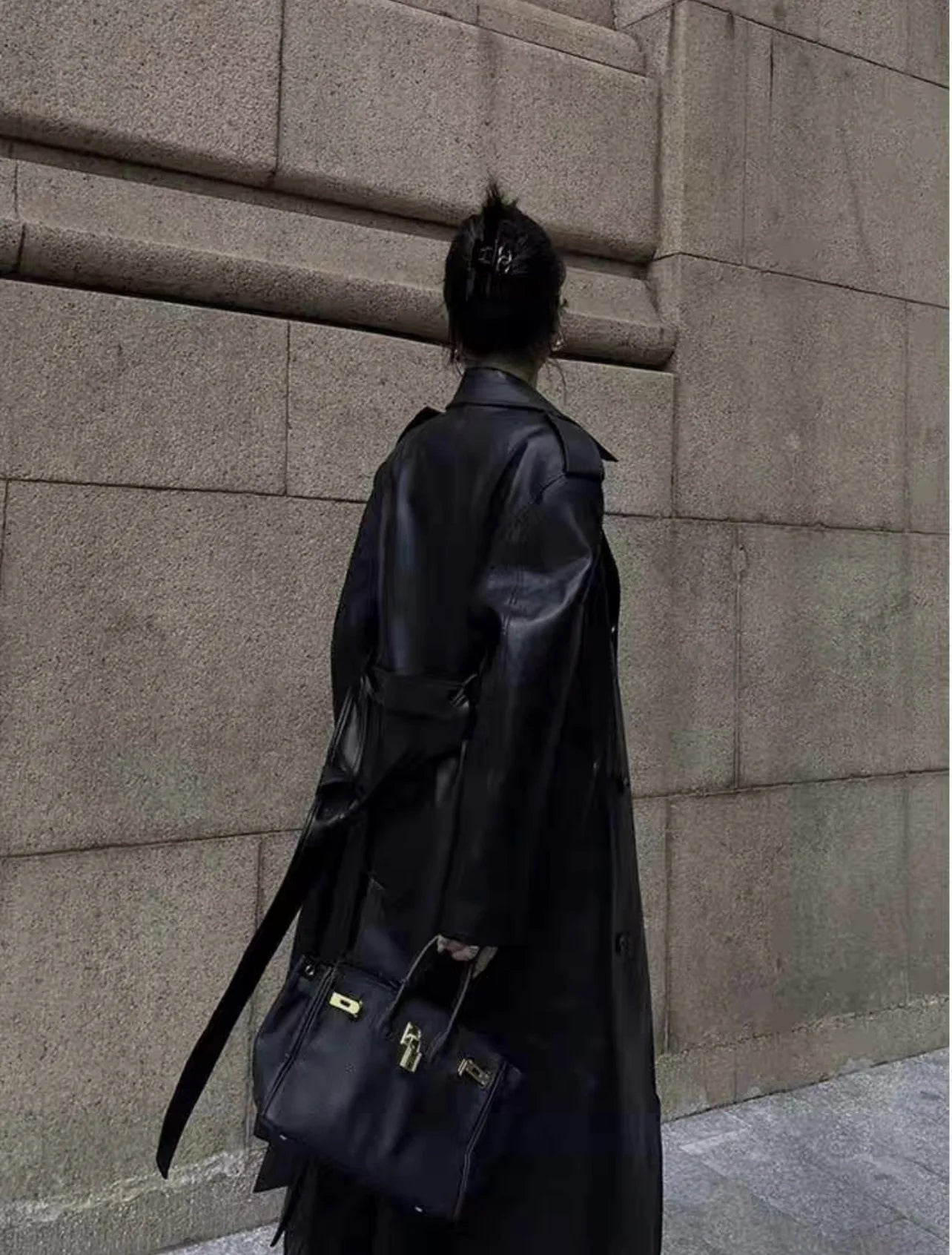 Women Faux PU Leather Coats Turn Down Collar Black High Waist Lace Up Long Jackets Casual Elegant Y2k Maxi Loose Windbreak