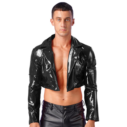 Mens Wet Look Long Sleeve Latex Cropped Coat Pole Dance Rave Cosplay Party Clubwear Lapel Patent Leather Jacket Motorcycle Coats