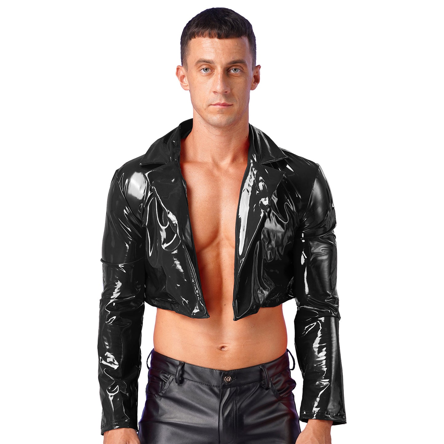 Mens Wet Look Long Sleeve Latex Cropped Coat Pole Dance Rave Cosplay Party Clubwear Lapel Patent Leather Jacket Motorcycle Coats