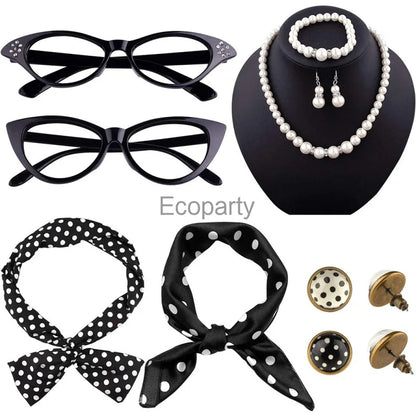 1950's Costume Accessories For Women Retro Polka Dot Headband Necklace Chiffon Scarf Eyeglasses Earrings Set Girls Party Outfits
