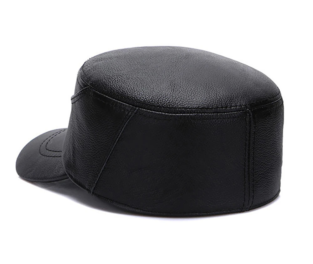 New Real Cow Leather Flat Cap Earflap Cap Men Real Leather Hats Fall Winter male 100% Genuine Real Cowhide Leather Military Caps