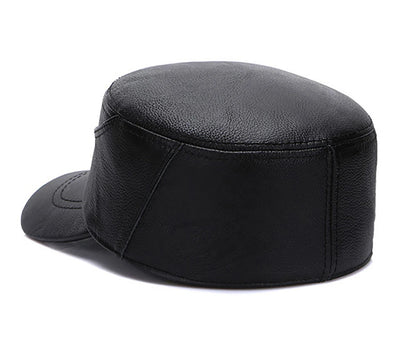 New Real Cow Leather Flat Cap Earflap Cap Men Real Leather Hats Fall Winter male 100% Genuine Real Cowhide Leather Military Caps