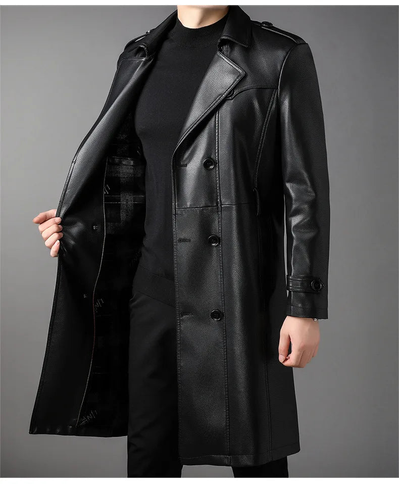 High Quality Knee-Length Men's Leather Overcoat for Autumn & Winter Double Breasted  Business Windbreaker Leather Coats PU-026