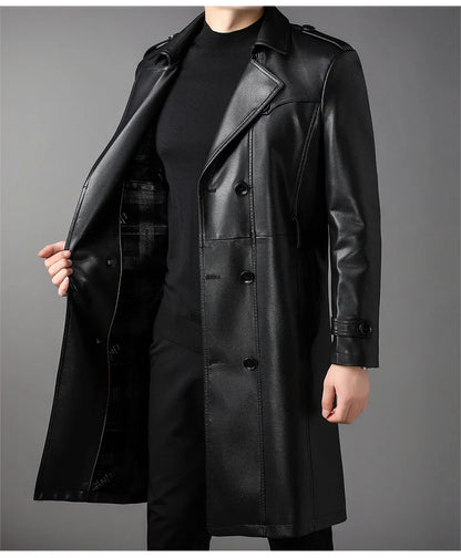 High Quality Knee-Length Men's Leather Overcoat for Autumn & Winter Double Breasted  Business Windbreaker Leather Coats PU-026