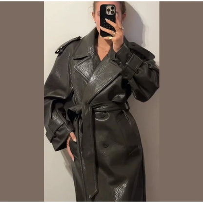 Elegant Women's Double Breasted Long Leather Coat With Belt Lapel Full Sleeve Pockets Jacket 2025 Autumn Winter Lady Outwear New
