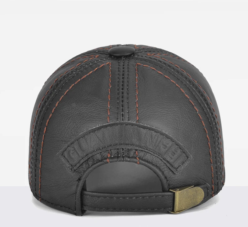 Men Real Cowhide Leather Earlap Caps Male Fall Winter 100% Real Cow Leather Hats New Casual Real Leather Outdoor Baseball Cap