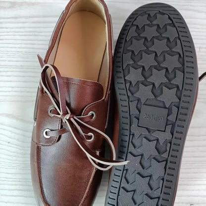 Leather Shoes for Women 2025 Spring and Autumn Sheepskin Worn Dirty Tied Soft Soled Loafer Shoes Retro One Foot Women's Shoe