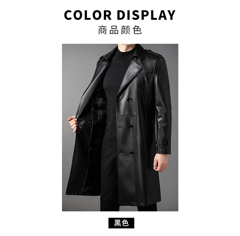 High Quality Knee-Length Men's Leather Overcoat for Autumn & Winter Double Breasted  Business Windbreaker Leather Coats PU-026