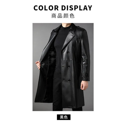 High Quality Knee-Length Men's Leather Overcoat for Autumn & Winter Double Breasted  Business Windbreaker Leather Coats PU-026