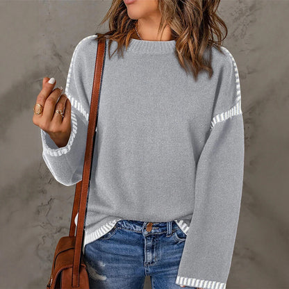 Women's Sweaters Autumn Winter 2025 Comfortable Daily Dark Stripe Design Long Sleeve Round Neck Relaxed Fit Top