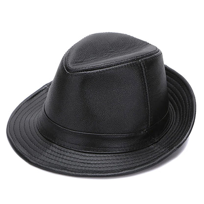Men's Gentlemen's Fedora Hat Genuine 100% Cowhide Leather Trilby Cap Real Cowhide Leather Jazz Casual Autumn Winter Top Cap