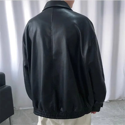 Leather Jacket For Men Solid Casual Turn Down Collar Pu Leather Motorcycles Jackets Autumn Male Loose Vintage Moto Biker Coats